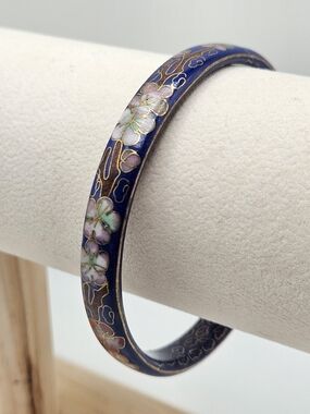 VINTAGE Blue Floral Cloisonne Double Sided Bangle Bracelet